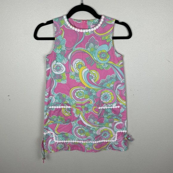 Lilly Pulitzer Girls Shift Dress Size 10 Pink Green Swirl Pockets Cotton